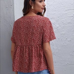 Button Front Plants Print Smock Blouse